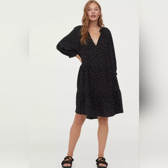 H&M Black Polka Dot Spotted Dress Xl Black Long Sleeve V Neck - Picture 1 of 13